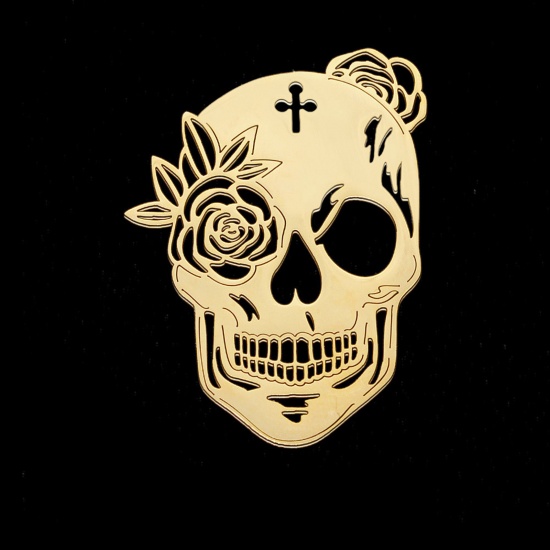 Picture of Stainless Steel Halloween Pendants Skull Gold Plated Rose Flower 4.2cm x 2.9cm, 1 Piece