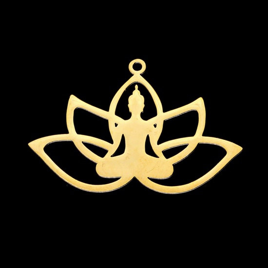 Picture of Stainless Steel Religious Pendants Buddha Gold Plated Lotus Flower 3.7cm x 2.5cm, 1 Piece