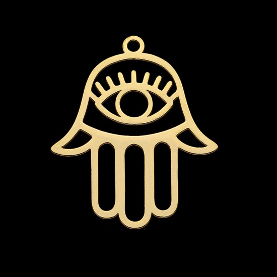 Picture of Stainless Steel Religious Charms Hamsa Symbol Hand Gold Plated Eye 28mm x 23mm, 1 Piece