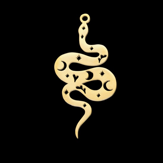 Picture of Stainless Steel Galaxy Pendants Snake Animal Gold Plated Moon 38mm x 18mm, 1 Piece