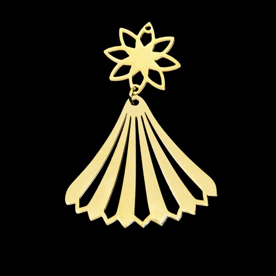 Bild von Edelstahl Anhänger Fächer-Form Vergoldet Blumen 48mm x 34mm, 1 Stück
