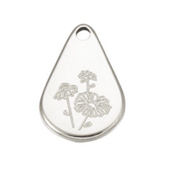 Picture of Stainless Steel Birth Month Flower Charms Geometric Silver Tone April 13.9mm x 9mm, 1 Piece