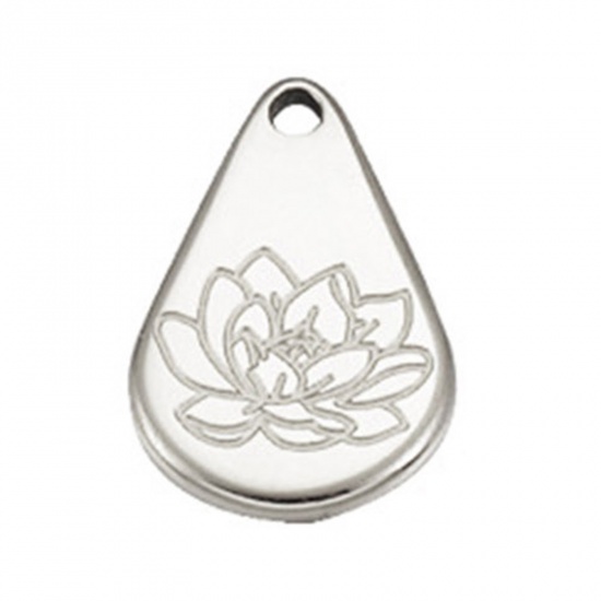 Picture of Stainless Steel Birth Month Flower Charms Geometric Silver Tone July 13.9mm x 9mm, 1 Piece