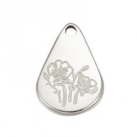 Picture of Stainless Steel Birth Month Flower Charms Geometric Silver Tone August 13.9mm x 9mm, 1 Piece