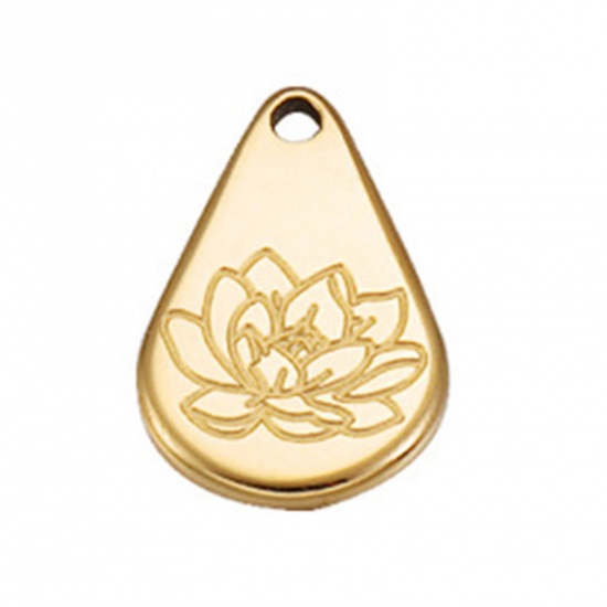 Picture of Stainless Steel Birth Month Flower Charms Geometric Gold Plated July 13.9mm x 9mm, 1 Piece