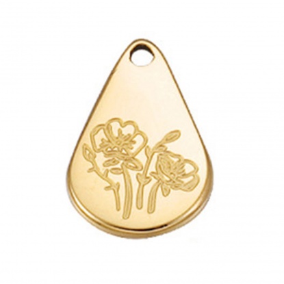 Picture of Stainless Steel Birth Month Flower Charms Geometric Gold Plated August 13.9mm x 9mm, 1 Piece