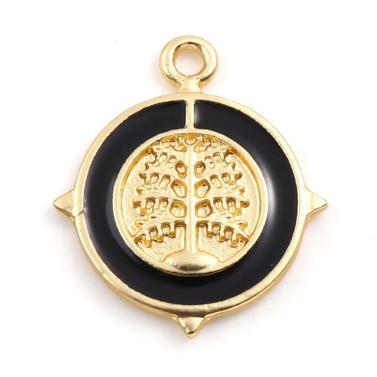 Picture of Zinc Based Alloy Charms Round Matt Gold Black Tree of Life Enamel 24mm x 20.5mm, 5 PCs
