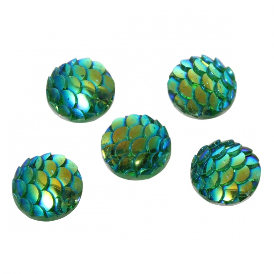 Picture of Resin Mermaid Fish /Dragon Scale Dome Seals Cabochon Round Green AB Color 10mm( 3/8") Dia, 10 PCs