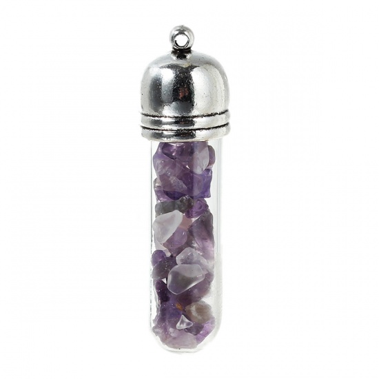 Picture of February Birthstone - (Grade B) Amethyst (Natural) Druzy /Drusy Gemstone Glass Bottle Pendants Antique Silver Color Purple 4.9cm x1.4cm(1 7/8" x 4/8") - 4.7cm x1.3cm(1 7/8" x 4/8"), 1 Piece