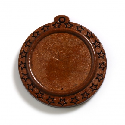 Picture of Wood Cabochon Settings Pendants Round Coffee Pentagram Star (Fits 25mm Dia.) 40mm x 37mm, 10 PCs