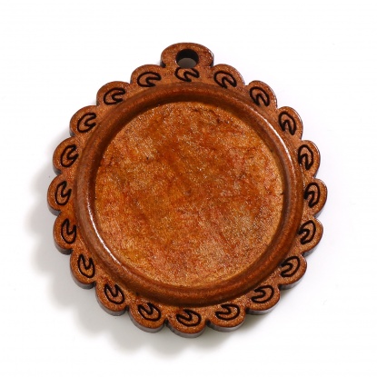 Picture of Wood Cabochon Settings Pendants Round Coffee Moon (Fits 25mm Dia.) 39mm x 37mm, 10 PCs