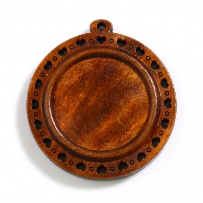 Picture of Wood Cabochon Settings Pendants Round Coffee Heart (Fits 25mm Dia.) 43mm x 39mm, 10 PCs