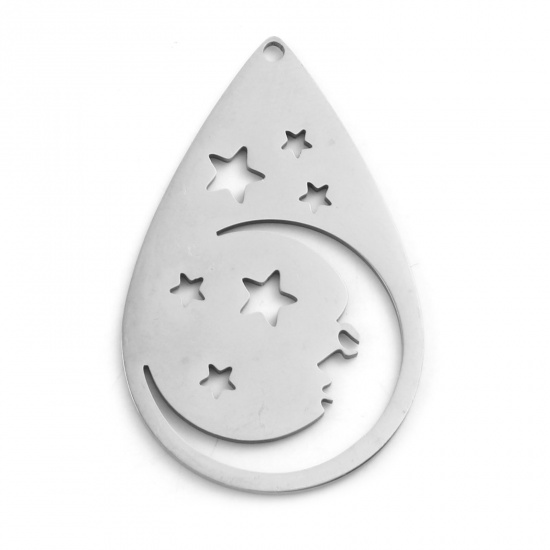 Picture of Stainless Steel Galaxy Pendants Drop Silver Tone Moon 37mm x 23mm, 1 Piece