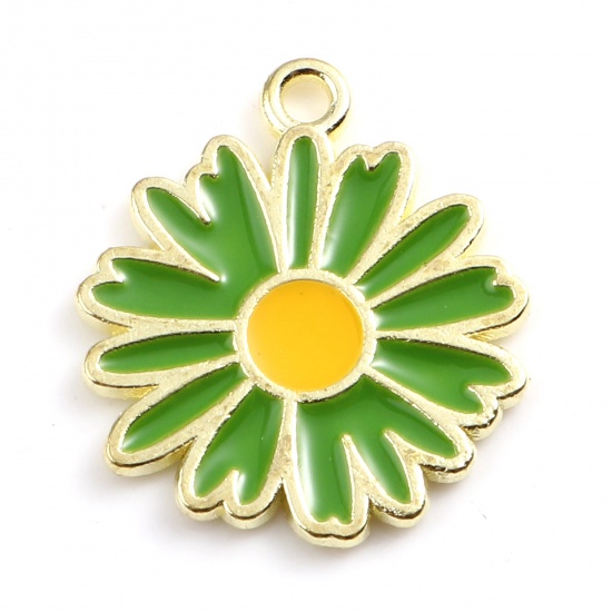 Picture of Zinc Based Alloy Charms Daisy Flower Gold Plated Green Enamel 18mm x 16mm, 20 PCs