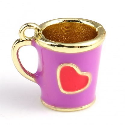 Picture of Zinc Based Alloy Valentine's Day Charms Cup Gold Plated Purple Heart Enamel 14mm x 13mm, 2 PCs