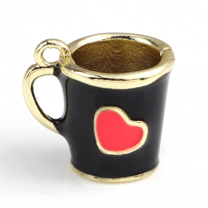 Bild von Zinklegierung Valentinstag Charms Tasse Vergoldet Schwarz Herz Emaille 14mm x 13mm, 2 Stück