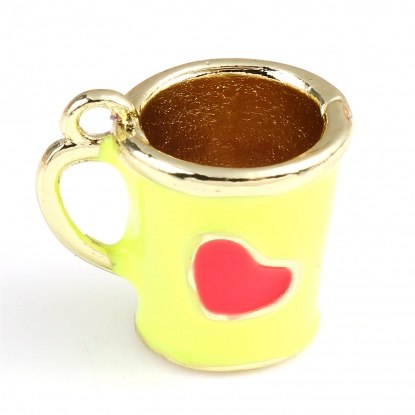 Bild von Zinklegierung Valentinstag Charms Tasse Vergoldet Zitronengelb Herz Emaille 14mm x 13mm, 2 Stück