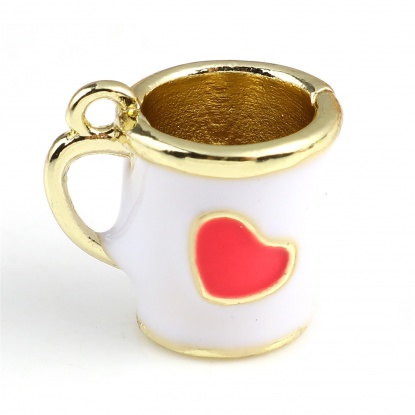 Picture of Zinc Based Alloy Valentine's Day Charms Cup Gold Plated White Heart Enamel 14mm x 13mm, 2 PCs