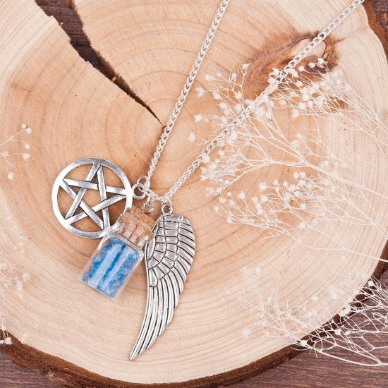 Immagine di Lega di Zinco Collana Argento Antico Ali di Angelo Stella a Cinque Punte 57cm Lunghezza, 1 Pz