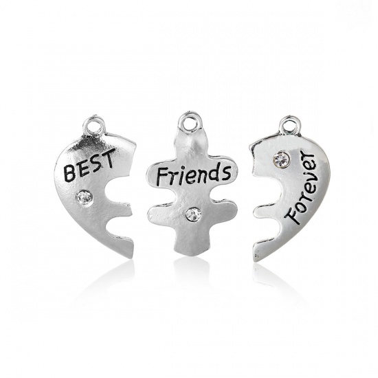 Picture of Zinc Based Alloy Charms Pendants Broken Heart Antique Silver Frindship BBF Message " BEST Friends Forever " Carved Clear Rhinestone 27mm(1 1/8") x 14mm( 4/8") 25mm x 15mm(1" x 5/8"), 2 Sets