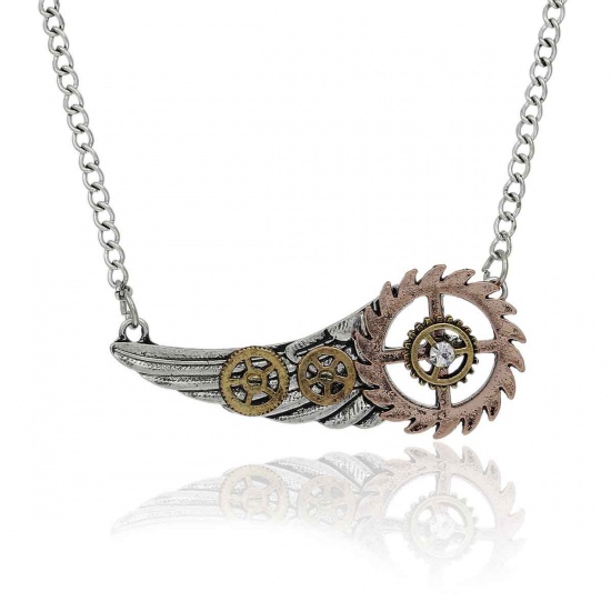 Picture of New Fashion Steampunk Necklace Link Curb Chain Antique Silver Wing Gear Pendant With Clear Rhinestone 63.5cm(25") long, 1 Piece
