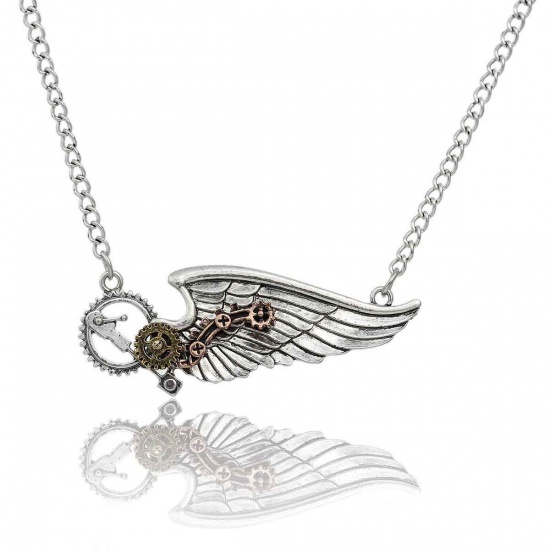 Picture of New Fashion Steampunk Necklace Link Curb Chain Antique Silver Wing Gear Connector 63.2cm(24 7/8") long, 1 Piece