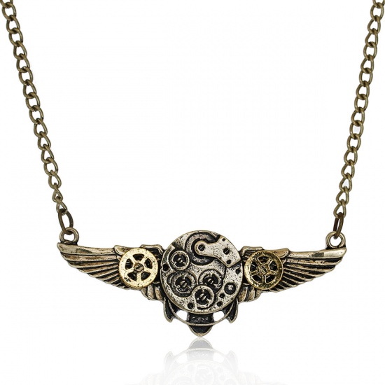 Picture of New Fashion Steampunk Necklace Link Curb Chain Antique Bronze Wing Gear Connector 64.2cm(25 2/8") long, 1 Piece