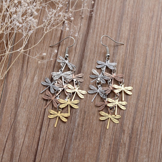 Picture of Copper Filigree Stamping Earrings Dragonfly Animal Silver Tone Gold Plated Rose Gold Hollow 7.6cm(3") long, Post/ Wire Size: (21 gauge), 1 Pair