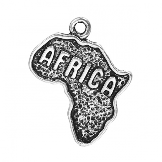 Picture of Zinc Based Alloy Travel Silhouette Map Africa Charms Antique Silver Color 24mm(1") x 19mm( 6/8"), 10 PCs