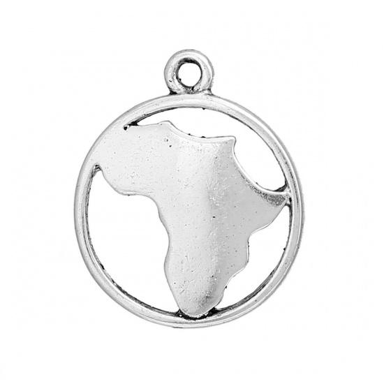 Picture of Zinc Based Alloy Travel Silhouette Map Africa Charms Round Antique Silver Hollow 20mm( 6/8") x 17mm( 5/8"), 20 PCs