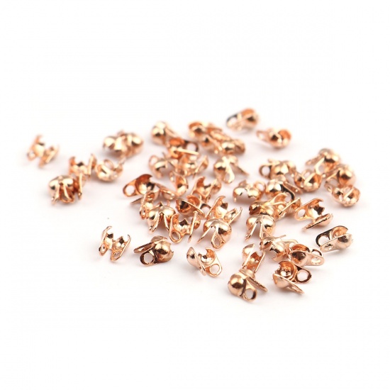 Picture of Copper Calottes Beads Tips (Knot Cover) Clamshell With 2 Closed Loops Rose Gold (Fits 1.5mm Ball Chain) 4mm( 1/8") x 3.3mm( 1/8"), 500 PCs