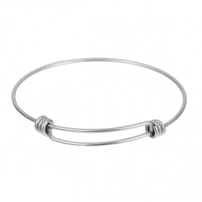 Picture of Stainless Steel Expandable Charm Bangles Bracelets Double Bar Round Silver Tone 21cm(8 2/8") long, 1 Piece