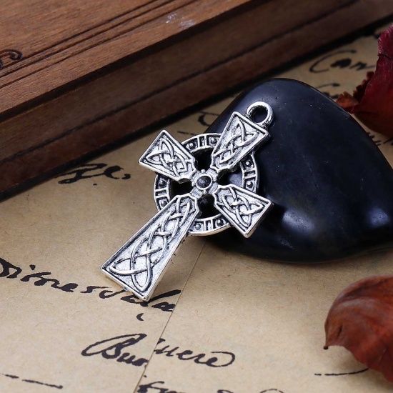 Picture of Zinc Based Alloy Easter Pendants Cross Antique Silver (Can Hold ss10 Pointed Back Rhinestone) Celtic Knot Carved 4.1cm(1 5/8") x 2.7cm(1 1/8"), 5 PCs