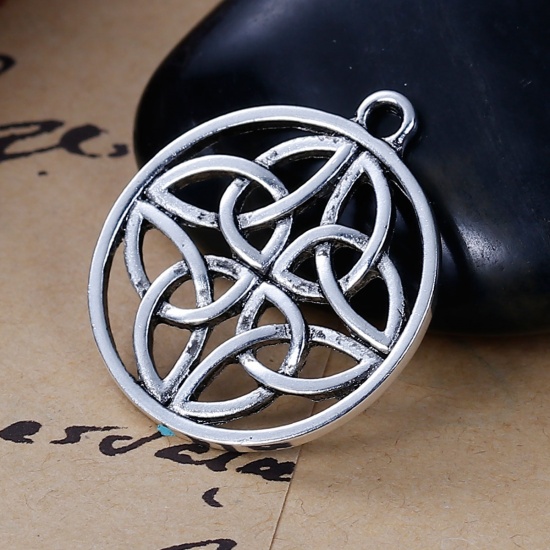 Picture of Zinc Based Alloy Charms Round Antique Silver Celtic Knot Carved Hollow 28mm(1 1/8") x 24mm(1"), 10 PCs
