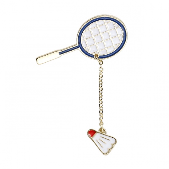 Picture of Tie Tac Lapel Pin Brooches Badminton Racket & Shuttlecock Gold Plated White Enamel 66mm(2 5/8") x 43mm(1 6/8"), 1 Piece