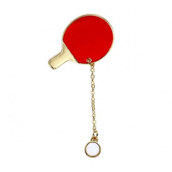 Picture of Tie Tac Lapel Pin Brooches Table Tennis Paddle Bat & Ping Pong Ball Gold Plated Red Enamel 69mm(2 6/8") x 35mm(1 3/8"), 1 Piece