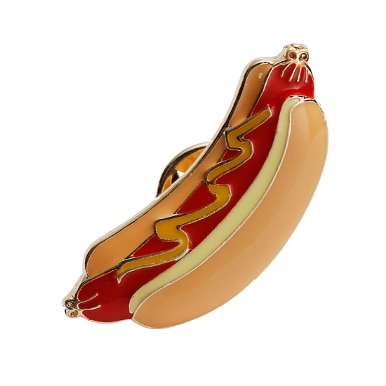 Picture of Tie Tac Lapel Pin Brooches Hot Dog Gold Plated Multicolor Enamel 34mm(1 3/8") x 15mm( 5/8"), 1 Piece