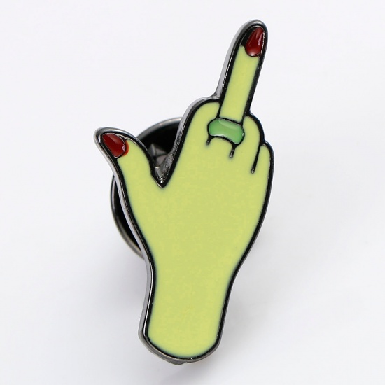 Picture of Tie Tac Lapel Pin Brooches Hand Gesture Gunmetal Yellow Enamel 26mm x13mm(1" x 4/8") 11mm x6mm( 3/8" x 2/8"), 1 Piece