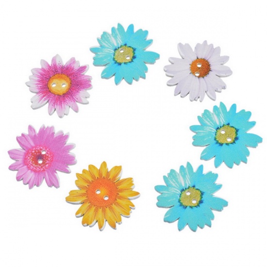 Picture of Wood Sewing Buttons Scrapbooking 2 Holes Chrysanthemum Flower Mixed 34mm(1 3/8") x 34mm(1 3/8"), 20 PCs