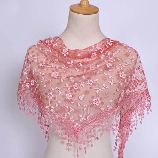 Immagine di Hot Pink - 1# Spring Polyester Retro Lace Embroidered Tassel Women's Triangle Scarf Shawl Wrap 150x40cm, 1 Piece