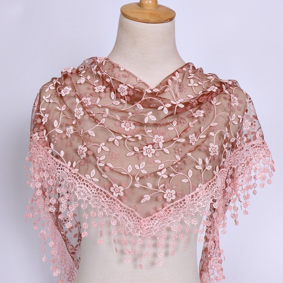 Immagine di Red Brown - 2# Spring Polyester Retro Lace Embroidered Tassel Women's Triangle Scarf Shawl Wrap 150x40cm, 1 Piece
