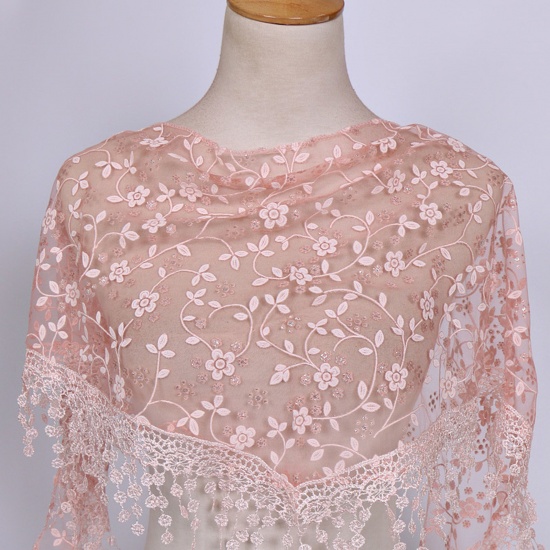 Immagine di Peachy Beige - 3# Spring Polyester Retro Lace Embroidered Tassel Women's Triangle Scarf Shawl Wrap 150x40cm, 1 Piece