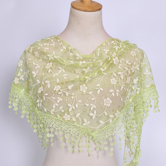 Immagine di Light Green - 10# Spring Polyester Retro Lace Embroidered Tassel Women's Triangle Scarf Shawl Wrap 150x40cm, 1 Piece