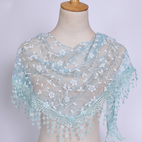 Immagine di Light Blue - 11# Spring Polyester Retro Lace Embroidered Tassel Women's Triangle Scarf Shawl Wrap 150x40cm, 1 Piece
