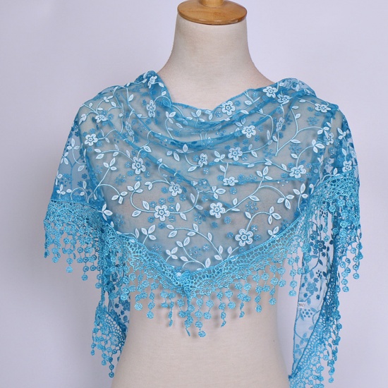 Immagine di Skyblue - 12# Spring Polyester Retro Lace Embroidered Tassel Women's Triangle Scarf Shawl Wrap 150x40cm, 1 Piece