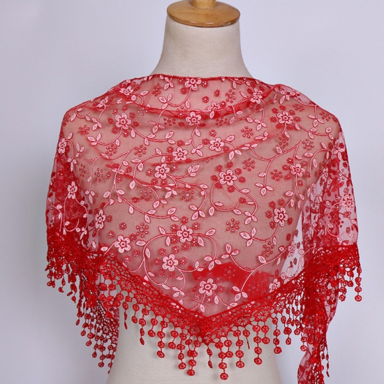 Immagine di Red - 13# Spring Polyester Retro Lace Embroidered Tassel Women's Triangle Scarf Shawl Wrap 150x40cm, 1 Piece