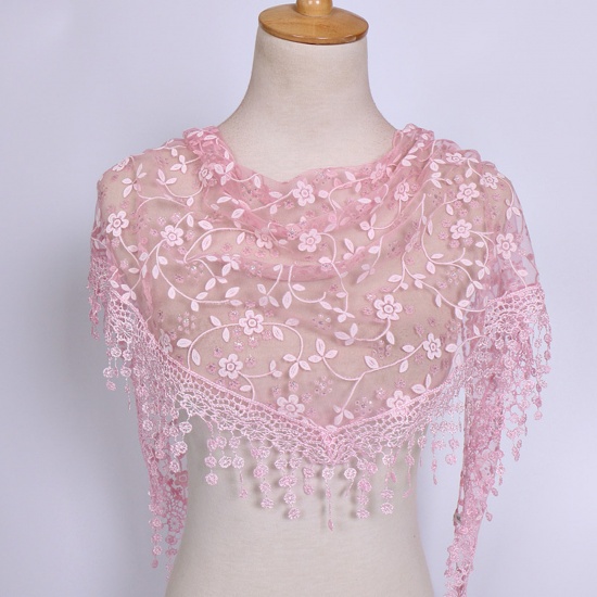 Immagine di Pink - 18# Spring Polyester Retro Lace Embroidered Tassel Women's Triangle Scarf Shawl Wrap 150x40cm, 1 Piece