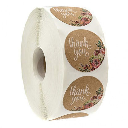 Kraft Paper Christmas DIY Scrapbook Deco Stickers Brown Round Flower Message " THANK YOU " 2.5cm Dia., 1 Roll ( 500 PCs/Roll) の画像