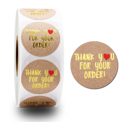 Kraft Paper Christmas DIY Scrapbook Deco Stickers Brown Round Heart Message " Thank You For Your Order " 2.5cm Dia., 1 Roll ( 500 PCs/Roll) の画像