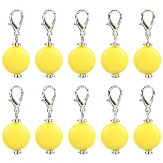 Immagine di Lega di Zinca + Acrilato Marcatori di Punto a maglia Argento Antico Giallo Tondo 40mm x 16mm, 10 Pz